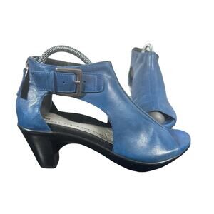 1803 Blue Leather Cutout Peep Toe buckle Sandals Size 37 US 6 Comfort Heels